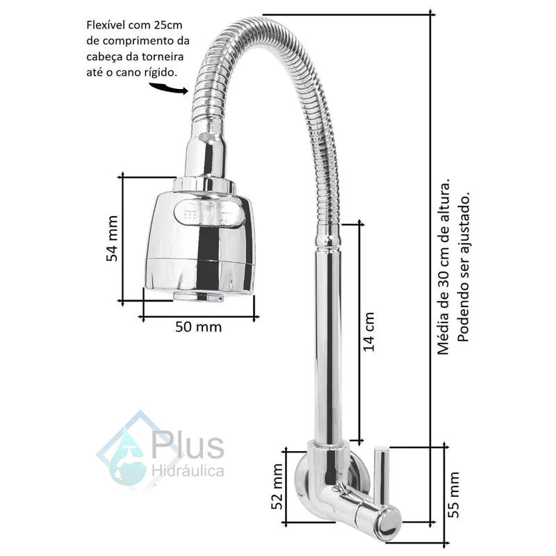 Torneira para Pia de Cozinha Gourmet Flexível 2 Jatos - Parede ou Bancada 100% Metal Inox