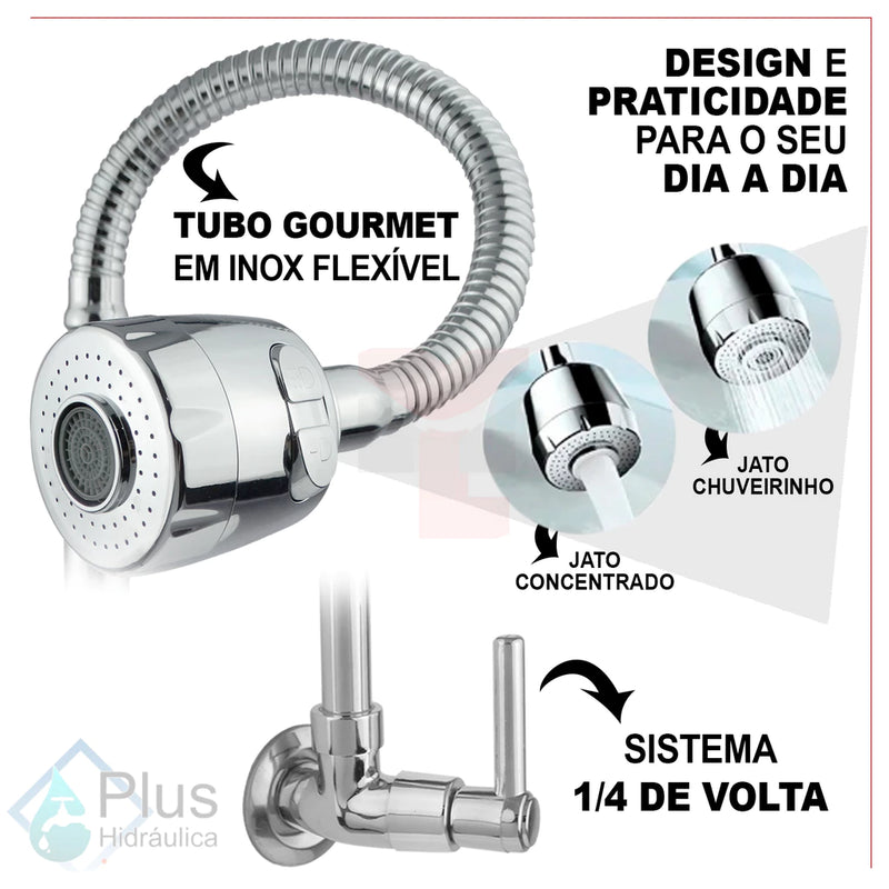 Torneira para Pia de Cozinha Gourmet Flexível 2 Jatos - Parede ou Bancada 100% Metal Inox