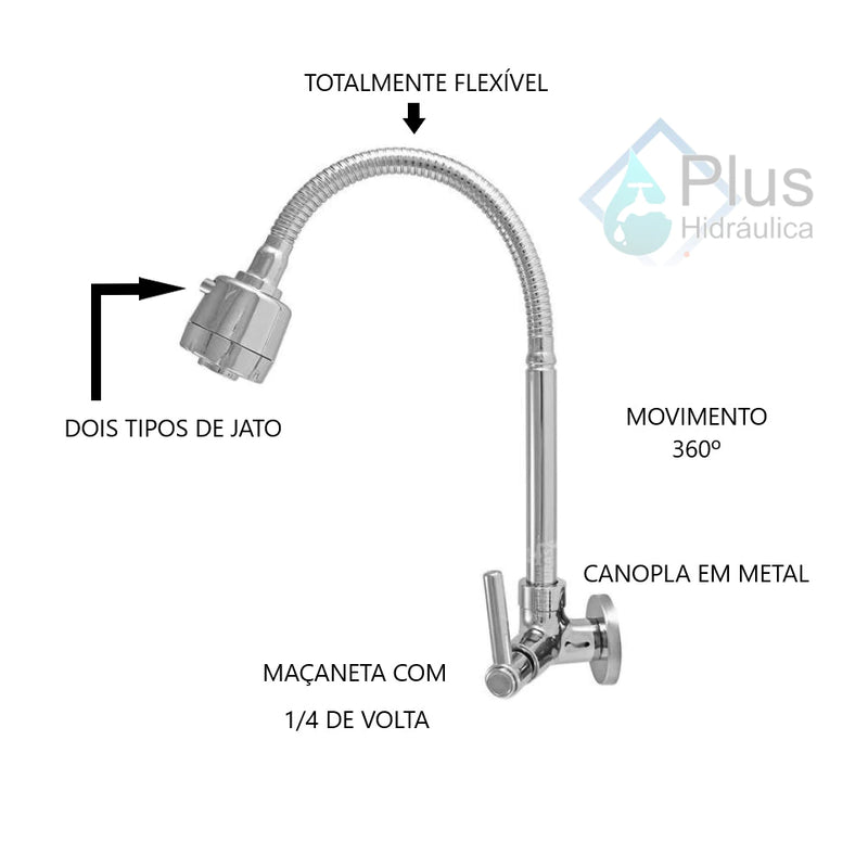 Torneira para Pia de Cozinha Gourmet Flexível 2 Jatos - Parede ou Bancada 100% Metal Inox